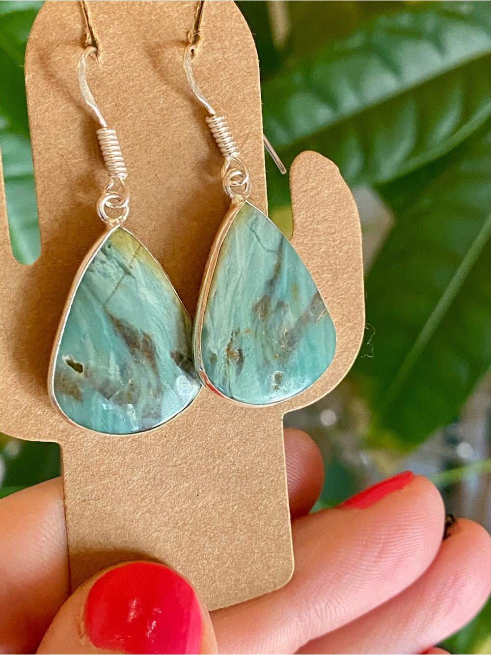 925 Silver Larsonite (Gary Green Petrified Wood) Teardrop Dangle Earrings